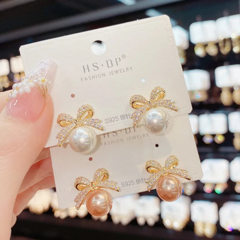 Rhinestone Bow Pearl Studs