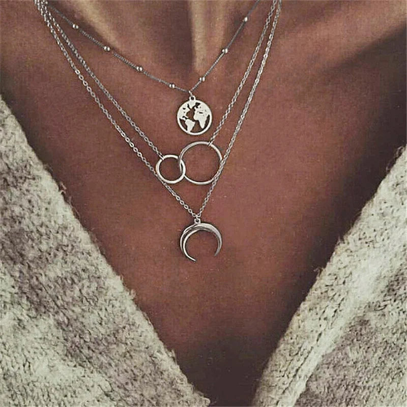 Moon World Map Necklace