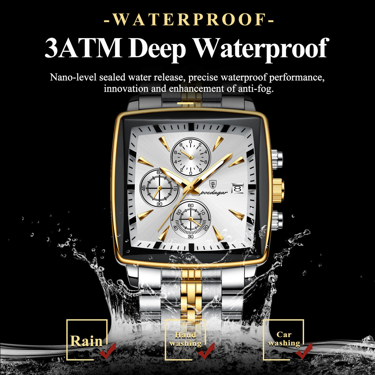 POEDAGAR Square Chronograph Watch