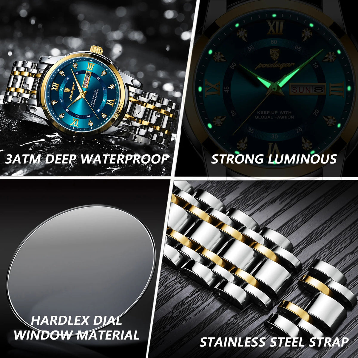 POEDAGAR Luminous Calendar Watch