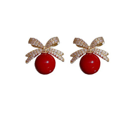 Rhinestone Bow Pearl Studs
