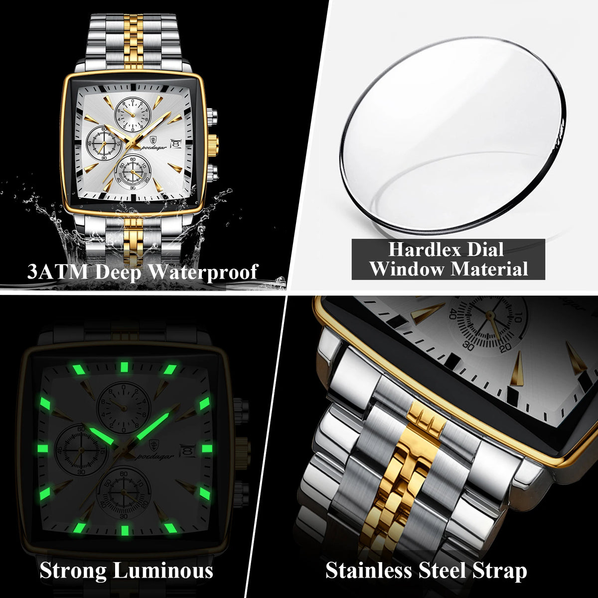 POEDAGAR Square Chronograph Watch