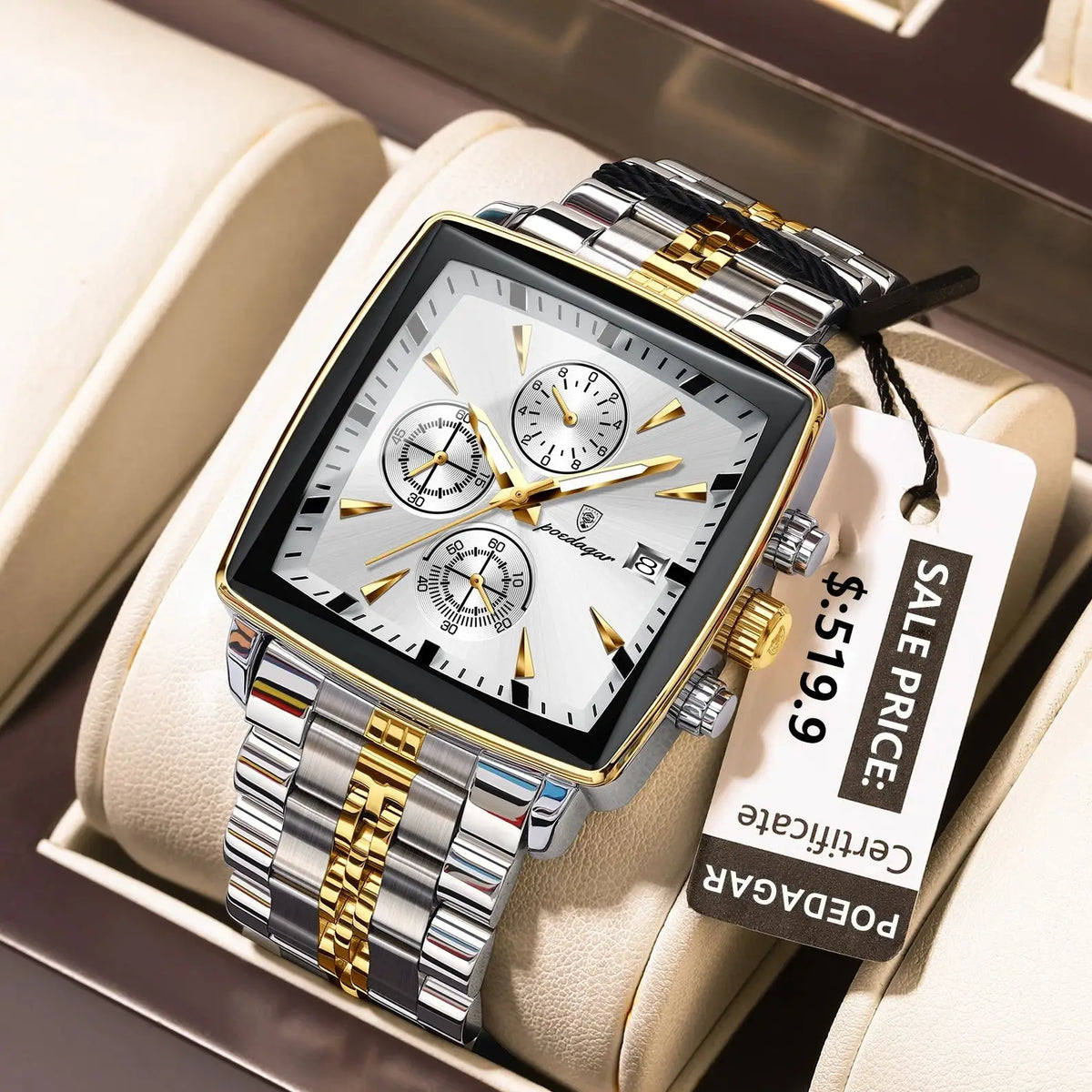 POEDAGAR Square Chronograph Watch