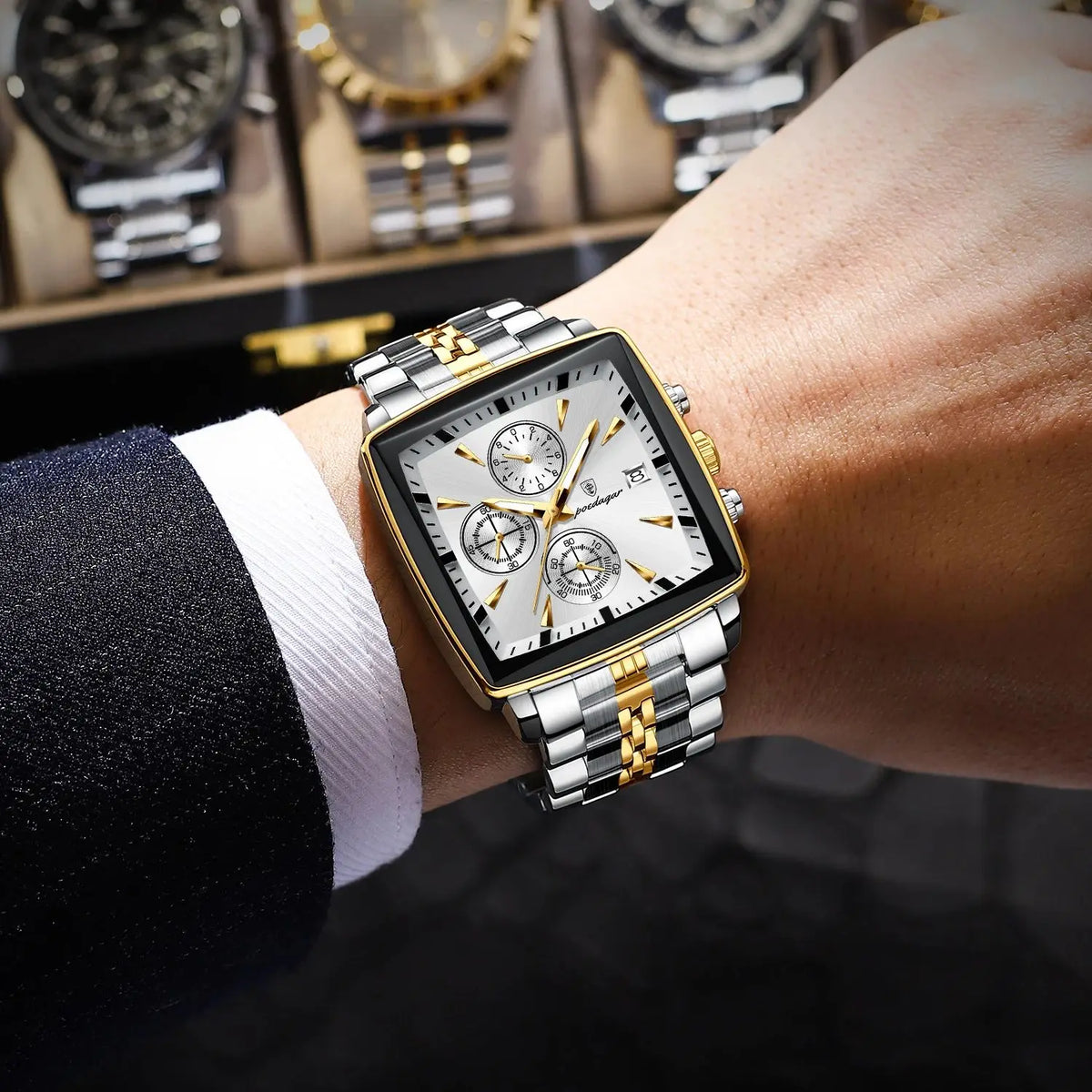 POEDAGAR Square Chronograph Watch