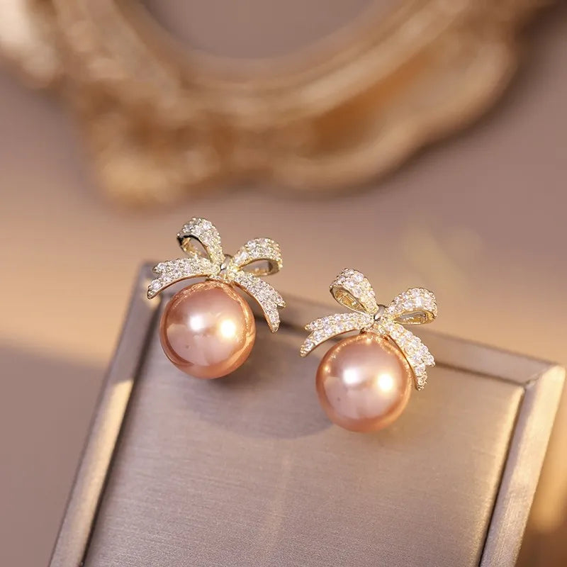 Rhinestone Bow Pearl Studs