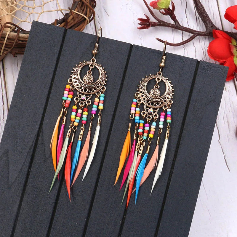Bohemian Feather Tassel Earrings