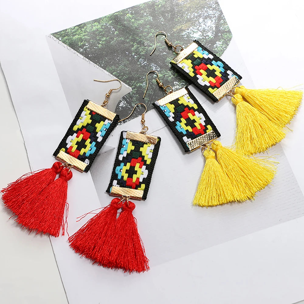 Bohemian Rectangle Tassel Earrings